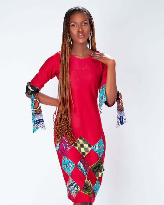 Dora Ankara Patch Dress (Red)